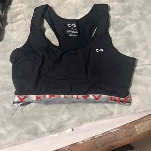 NFINITY Black Sports Bra with Silver and Red Accents